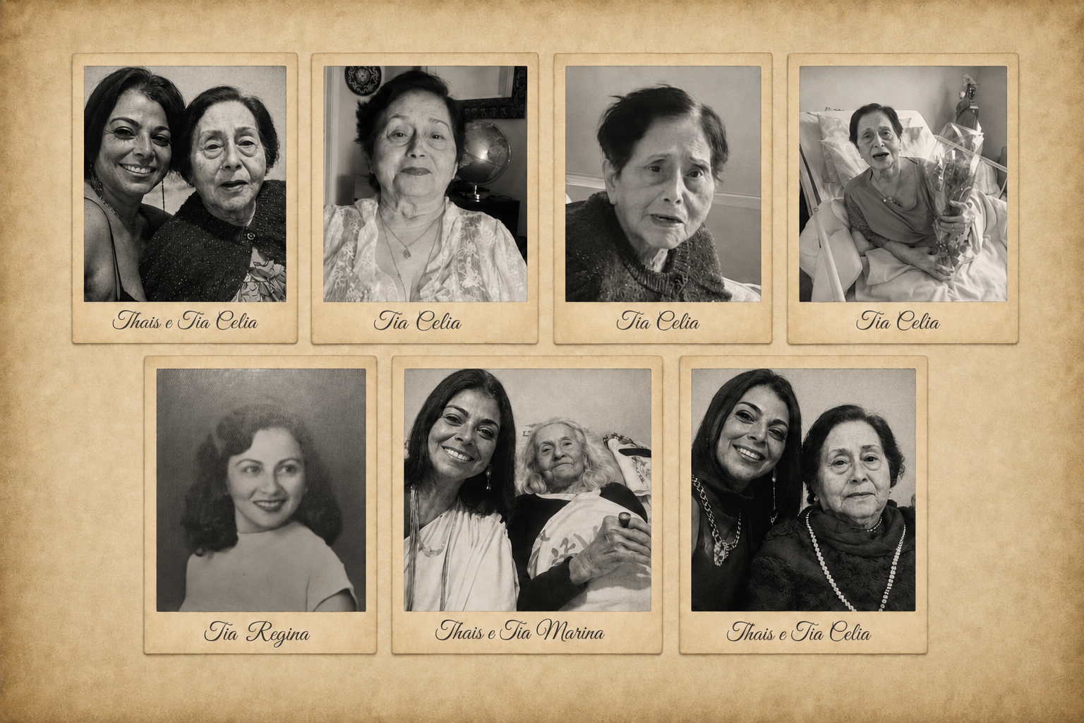 Thais com as tias Célia, Marina e Regina — retratos em tons sépia